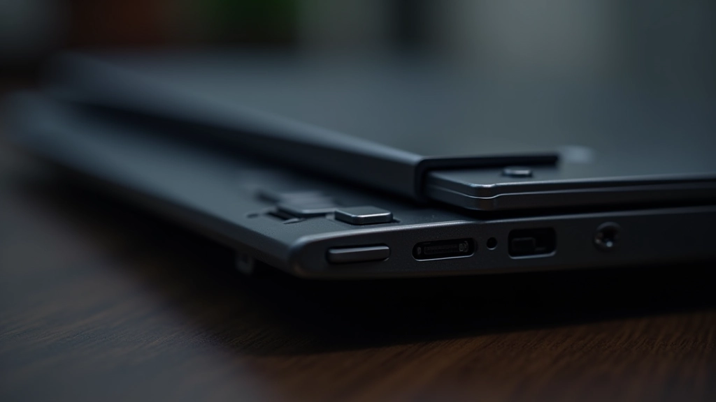 Close-up detail of laptop chassis construction showing magnesium alloy frame and reinforced hinge mechanism, macro photography, studio lighting, crisp detail