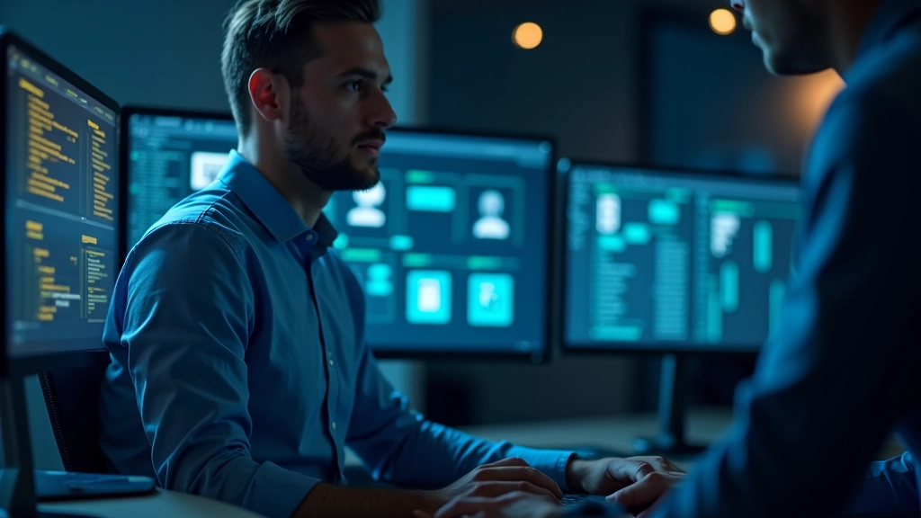Cybersecurity professional at desk reviewing encryption protocols, multiple monitors showing security dashboard