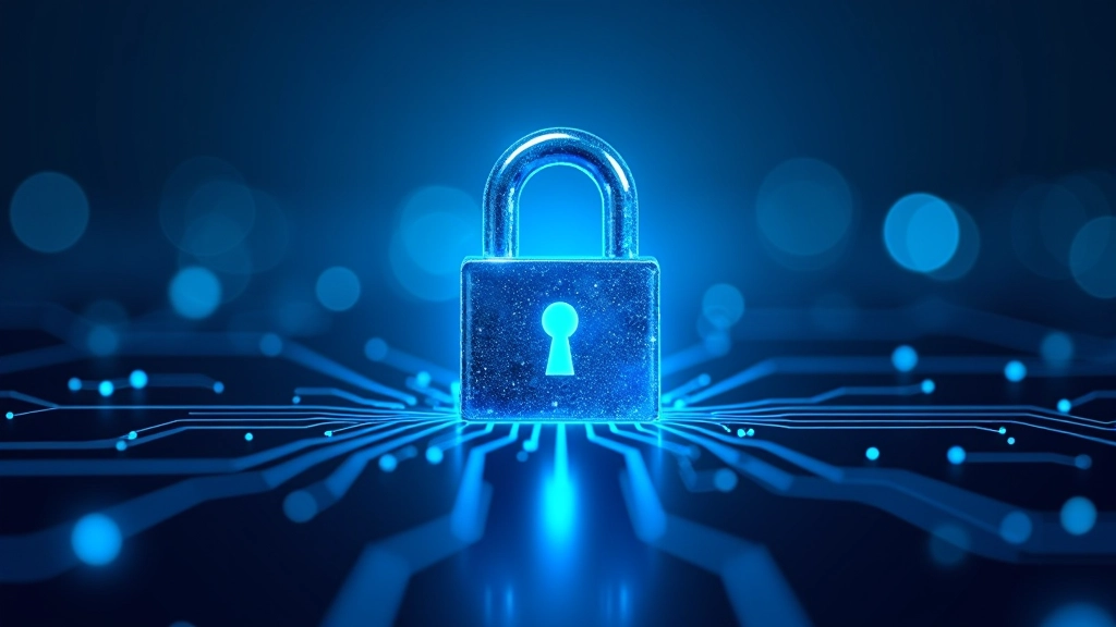 Digital security concept with padlock icon on circuit board pattern, blue and purple lighting, technology background, clean composition, sharp focus