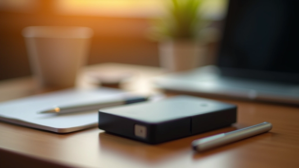 Backup drive and cloud storage icons with sync arrows and security shield on organized desk