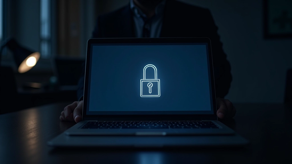 Modern laptop showing security warning on screen with padlock icon, dark office environment, professional lighting, sharp focus
