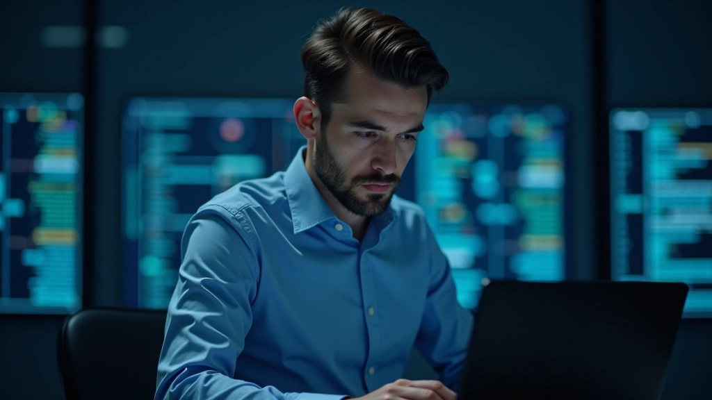 Network security professional at desk analyzing data connections, portrait from chest up, serious expression, modern security operations center background
