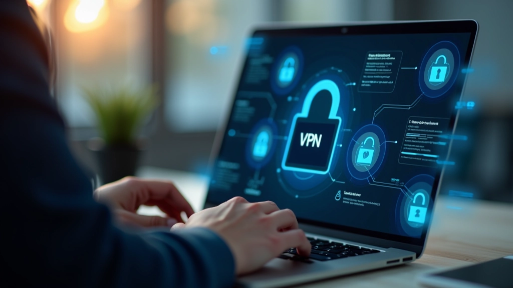 Person using laptop with VPN protection interface, modern security setup