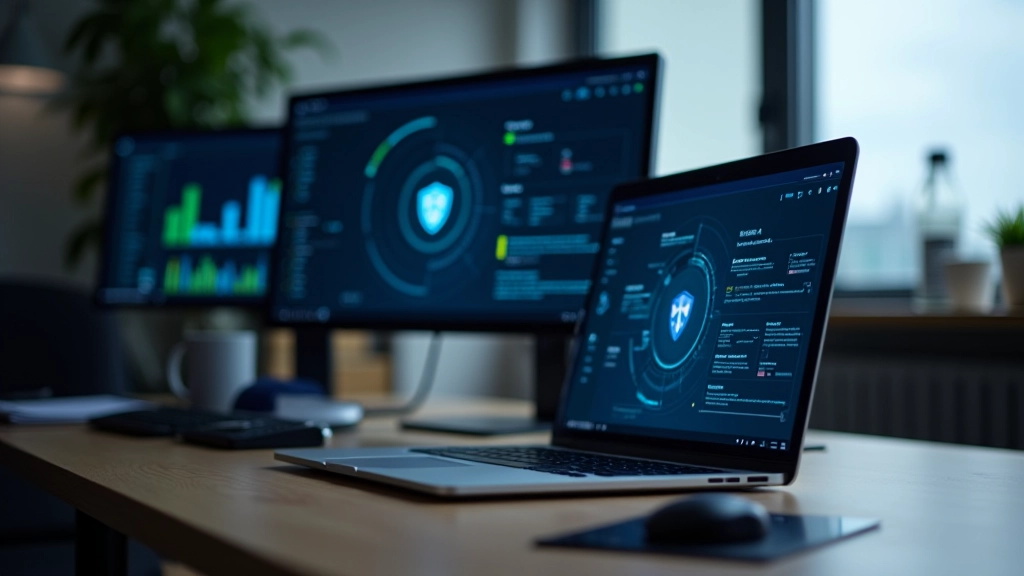 Professional setup showing laptop with security software interface, dual monitor workspace, secure data handling environment, modern office, even lighting