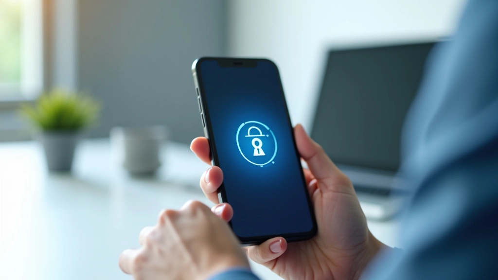 Smartphone displaying security notifications and encryption symbols with shield icon prominent