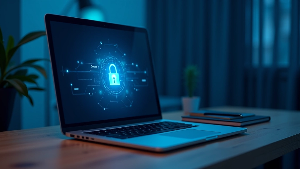 Modern workspace with laptop and security-focused setup showing professional cybersecurity environment